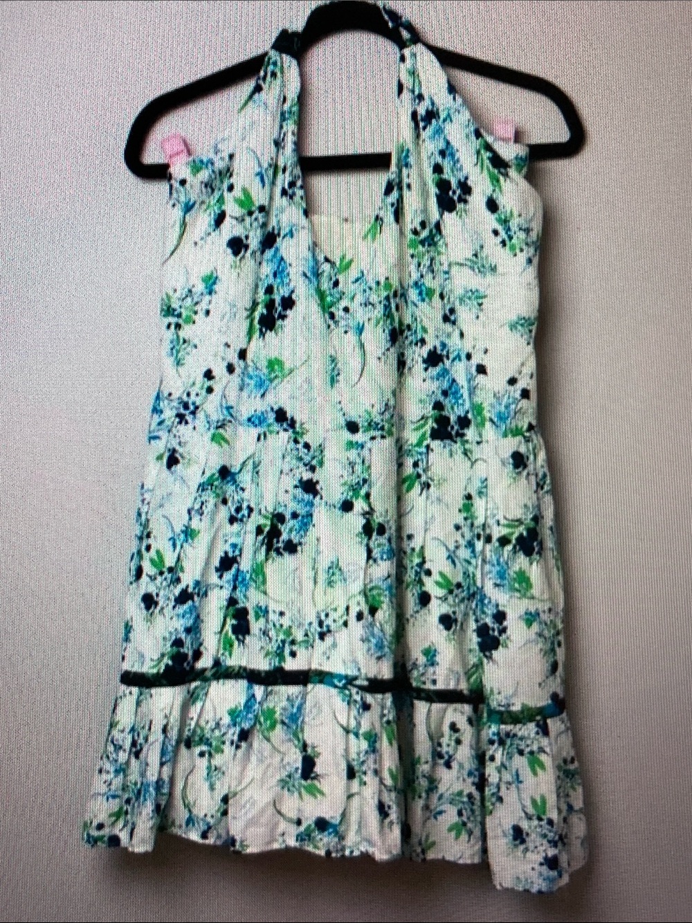 Free People White Floral Halter Mini Dress with Blue and Green Print